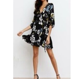 Yumi Kim Black Floral Wrap Mini Dress with Blue & Yellow Accents Medium